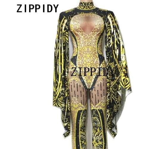 Black Yellow Rhinestones Printed Jumpsuit Stretch Big Sleeves Sexy Rompers Womens Birthday Dance Female Singer Nightclub Outfit