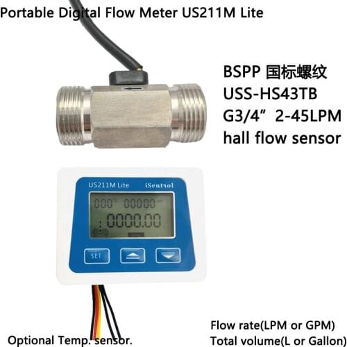US211M Lite Digital Flow Meter & BSPP USS-HS43TB Stainless Steel 304 Hall Water Flow Sensor 2-45L/M G3/4" Turbine Flowmeter