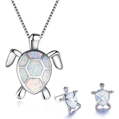 FDLK Classic Cute Sea Turtle Necklace Earrings Jewelry Set Trendy Animal Fire Opal Stud Earring for Girl Women Best Gift