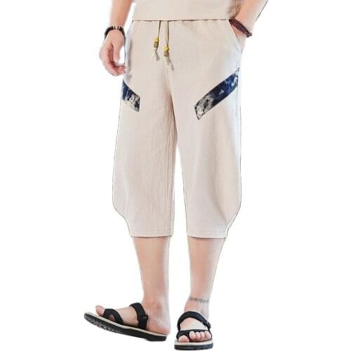 Summer loose and thin Chinese style linen shorts for young men, large size wide leg casual pants, Harlan cotton and linen croppe