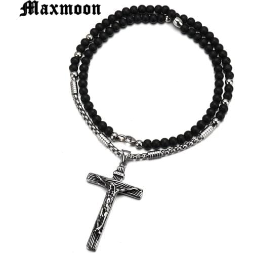 Maxmoon new Cross INRI Crucifix Jesus Piece Pendant & Necklace Stainless Steel Men Beads Chain Christian Jewelry Gifts Vintage