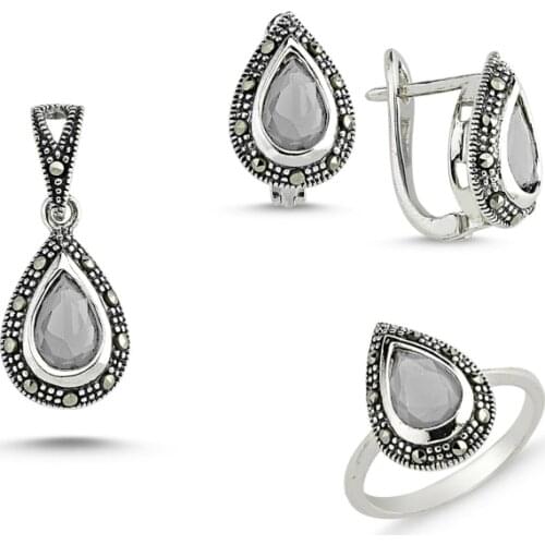 Silver 925 Sterling Marcasite Pendant Earring & Ring Set