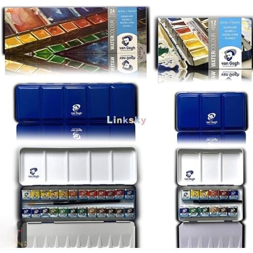 Royal Talens-Van Gogh Watercolor Paint Set, Metal Tin, 12,24-Half Pan with Brush, Student and Artist Level Range of Paints
