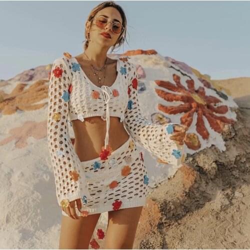 Glamorous 2 Pieces Crochet Bikini Cover-ups Boho Appliques Hollow Out Women Beach Wear Swim Suit Cover Up Tops and Skirts