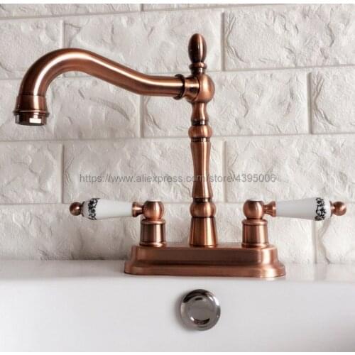 Antique Red Copper Double Handle Bathroom Wash Basin Mixer Taps / 2 Hole Deck Mounted Swivel Spout Vessel Sink Faucets Brg051