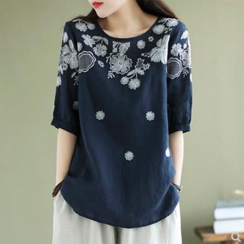 Womens Cotton Linen T-shirt Casual Clothes 2021 Summer Vintage Floral Embroidery Tops Loose Female Half Sleeve Tees Shirt Navy