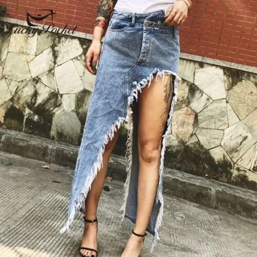 Women Summer High Street Solid Color Lrregular Skirt Female New Casual Fashion Blue Split Skirt Ladies Loose Denim Skirts ML86