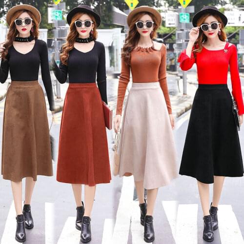 TingYiLi Suede Skirt Autumn Winter High Waist Knee Length Women Skirt Black Khaki Beige Red Midi Skirt A Line