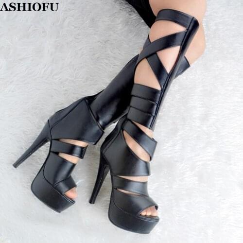 ASHIOFU New Style Handmade Womens High Heel Sandals Sexy Night-club Party Prom Knee-high Shoes Platform Evening Fashion Sandals