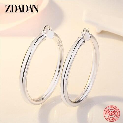 ZDADAN 925 Sterling Silver 20MM 40MM 60MM Round Circle Hoop Earrings For Women Fashion Jewelry Gifts