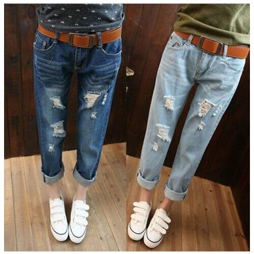 Womens Hole Ripped Jeans Loose Ankle-length Harem Pants Trousers Boyfriend Jeans Casual Denim Jeans