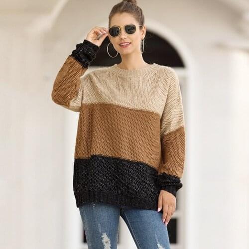 Women Warm Autumn Winter Sweater O-neck Long Sleeve Striped Patchwork Knitted Pullover Clothes Mujer Female 2C0302