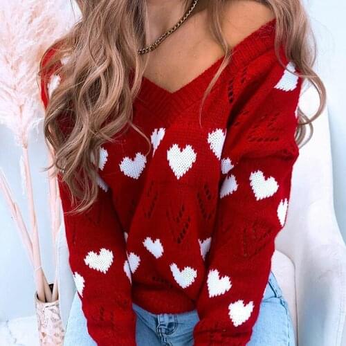 Sweaters Womens Autumn Winter Love Heart Loose Long Sleeve Pullovers Red Retro V Neck Knitwear Jumper Tops
