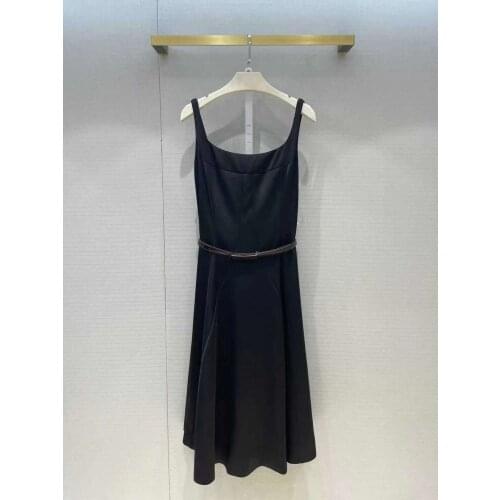 2021 Autumn Designer Womens High Quality Midi Dress Solid Spaghetti Strap Slash Neck Sleeveless Belt Vintage Dress