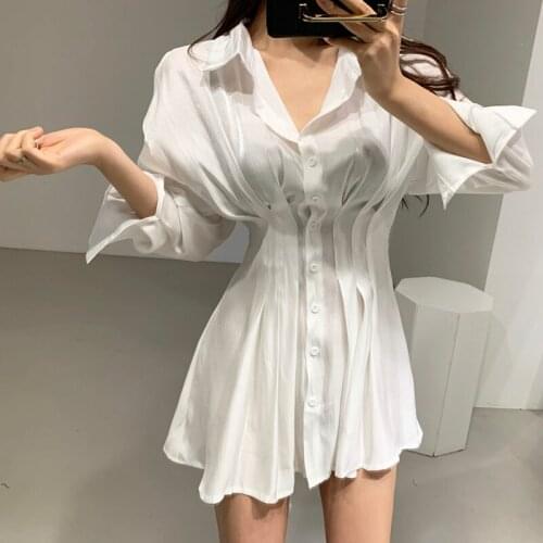 2021 Summer Polo Collar Temperament Retro Single-Breasted Pleated Suspender Dress Female High Waist Was Thin Backless Sexy Dress