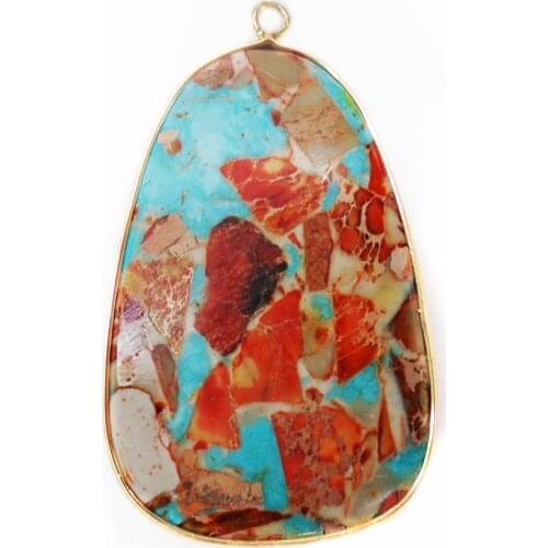 1Pcs 52x30x5mm Wholesale Red And Blue Sea Sediment Jasper & Pyrite Teardrop Metal Package Edge Pendant Jewelry Accessories S843