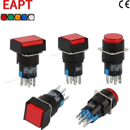 16mm LED Push Button Switch 2NO2NC LED Lamp 6V 12V 24V 110V 220V 8Pin Self Lock Reset Momentary Round Rectangle Light Switch