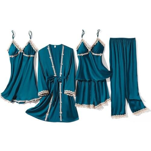 5PCS Sleepwear Kimono Bathrobe Gown Women Pajamas Set Faux Silk Nightwear pyjama pour femme Sexy PJS Trouser Suits With Lace