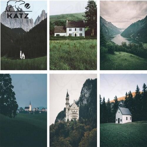 5D Handmade Diamond Painting Pastoral Scenery Green Scenery Diamond Mosaic Retro Diamond Embroidery Home Cross Stitch Decoration