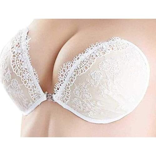 Sexy Lace Wireless Front Closure Bra Women Push Up Invisible Silicone Push Up Sticky Comfort Breathable Backless Bralette