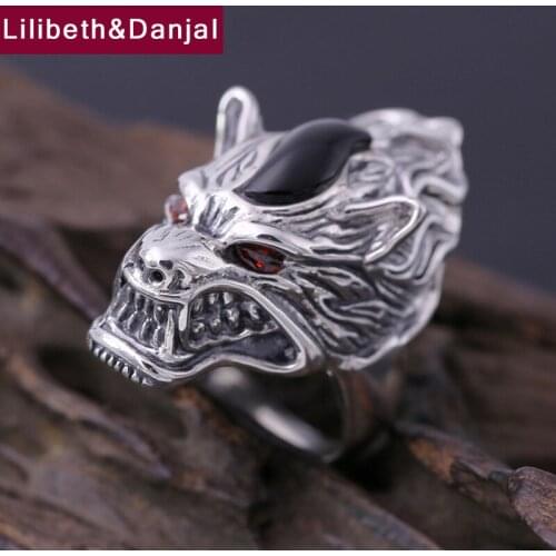 Men Ring 925 Sterling Silver Jewelry Vintage Punk Natural Stone War Wolf Adjustable Ring Gift Fine jewelry FR56