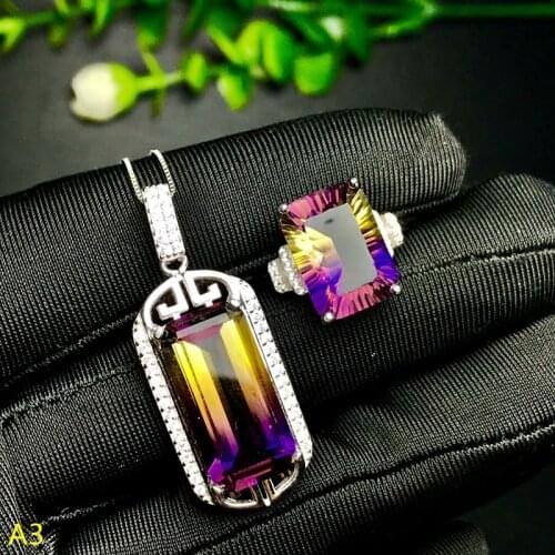 KJJEAXCMY Boutique jewels 925 pure silver inlaid purple yellow crystal female pendant pendant ring 2 sets of silver color