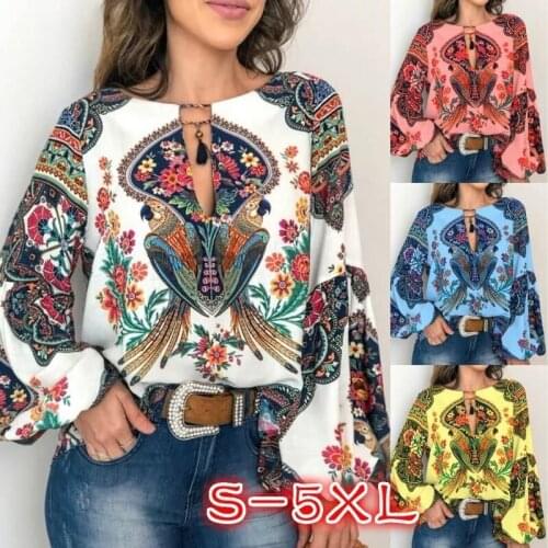 Leosoxs 2021 Spring Autumn Fashion Sexy O Neck Hollow Out Womens Shirts Boho Casual Print Lantern Sleeve Vintage Ladies Shirts