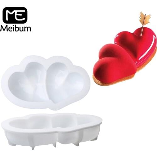 Meibum Double Heart Shape Silicone Mousse Cake Mold Valentines Day French Dessert Mould Fondant Pastry Decorating Baking Tools
