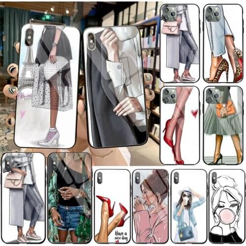 Fashion Girl Woman Soft Silicone Black Phone Case Tempered Glass For iPhone 11 Pro XR XS MAX 8 X 7 6S 6 Plus SE 2020 case