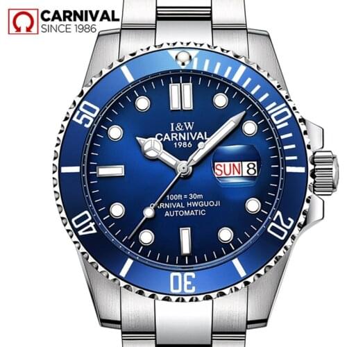 CARNIVAL Top Brand Blue Automatic Watch Fashion Sport Mechanical Watch Men Sapphire Calendar Luminous Waterproof Montre Homme