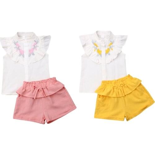 Summer 2pcs Girl Clothes Lovely Kid Baby Girl Party Floral Sleeveless Embroidery Tops Shirt + Pink Short Pants Legging Outfits