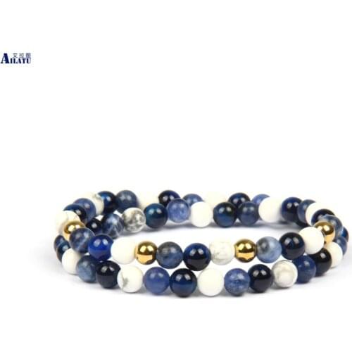 New Mens Double Rolls Beaded Wristband Bracelet 6mm Natural White Howlite Stone Beads Drop Shipping