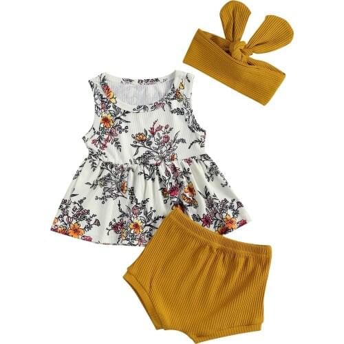 Three Piece Baby Girl’s Clothes Fashion Flower Print Sleeveless Tops and Solid Color Short Pants with Headband