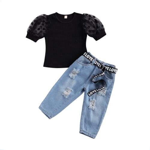 2-7Y Fashion Girls Clothes Set Summer 3pcs Black Puff Short Sleeve Tops Blouse+Blue Elastic Waist Denim Pants+Belt