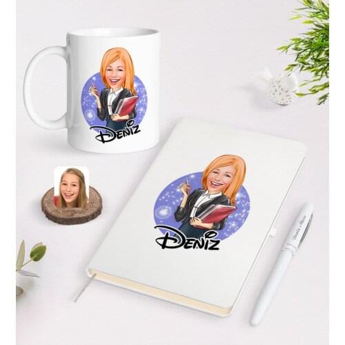 Personalized Women 'S Executive Caricature Of White Notebook pen And Mug Seti-1
