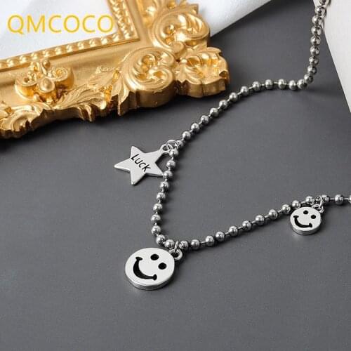 QMCOCO 925 Silver SIimple Punk Smile Face Stars Geometric Pendant Necklace Fine Jewelry For Women Birthday Party Gifts