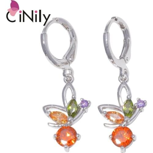 CiNily Created Multi-colors Stone Silver Plated Wholesale Butterfly for Women Jewelry Birthday Gift Drop Earrings 1 1/8" FH8303