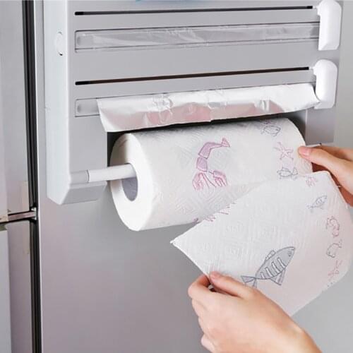 Home Interior Kitchen Storage Rack Free Punching Multi-Function Plastic Wrap Cutter Bathroom Wash Towel Storage Rack