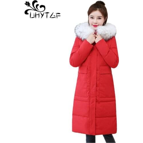 UHYTGF New Women Winter Warm Long Coat Female Korean Thicken Coats Womens Down cotton Coat Parka fashion Big Pocket Jacket X549