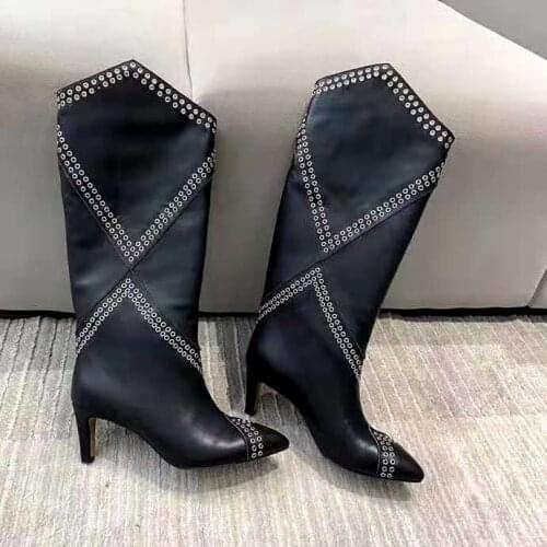 Womens Shoes Paris Lahia Eyelet Embellished Calf-height Boots Black Genuine Leather