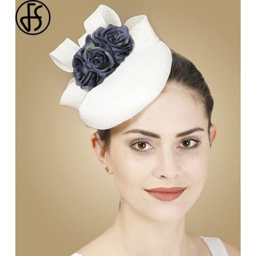 FS White Pillbox Hat Base Women Fascinator Hair Headband Big Sinamay Cocktail Headwear Flower Derby Hats For Church Fedora