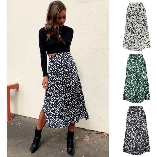 Commuter 2021 summer new leopard Chiffon print split skirt sexy zipper high waist mid length skirt black white dark green