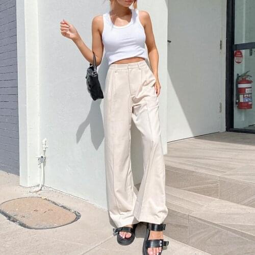 Womens Fashion Summer Casual Pants Womens High Waist Pockets Loose Solid Color Temperament Was Thin Casual Suit Wide-leg Pants