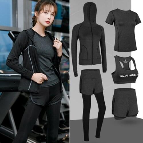 Womens 5pcs Sport Suits Workout Clothes Outfit Fitness Apparel Gym Outdoor Running Shorts Pants Shirt Long Sleeve Jacket Sets