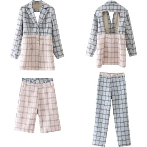 Spring Autumn Ladies Retro Chic Plaid Patchwork backless Blazer coat Women Fashion V-neck Long Sleeve Single-breasted Suit Top