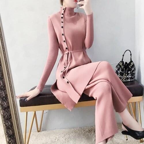 Slit high feminine suit 2021 autumn new style temperament knitted wide leg pants two-piece suit light mature style three-piece