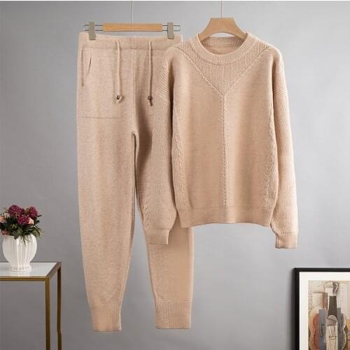 Mozuleva Autumn Oversized Two Piece Women Knitted Tracksuits Winter Cashmere O Neck Sweater Harem Pants 2 Piece Warm Set Outfits