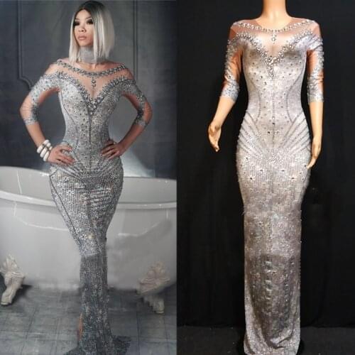 Sexy Shining Stones Gray Dress Big Stretch Long Dress Party Women Singer Nightclub Dance Shinning Dress Skinny Dress XS2329