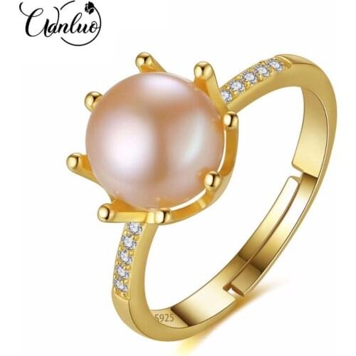 WL Crown Shape Eight Paws Natural Pearl 8-8.5mm 925 Sterling Silver Rings for Women Gift 18K Gold Color Wedding Jewelry Ring