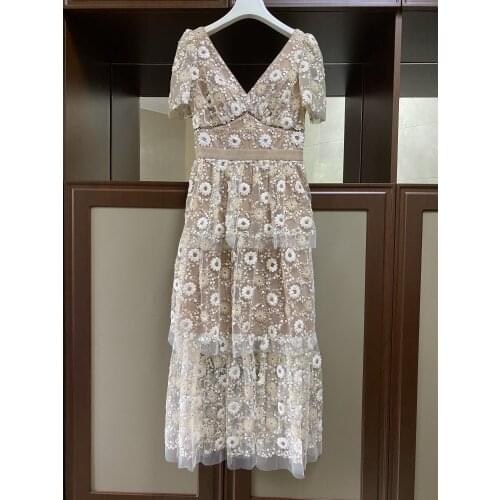 Runway Celebrity Self Portrait Sequined Dress Summer Womens Short Sleeve Layer Ruffle Flower Embroidery Midi Long Dresses Party